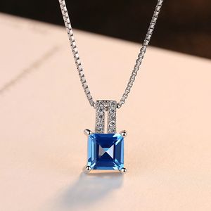 Europe Luxury Four Claw Blue Gem S925 Silver Pendant Necklace Jewelry Charm OL Women Square Zircon Box Chain Necklace for Women Wedding Party Valentine's Day Gift SPC