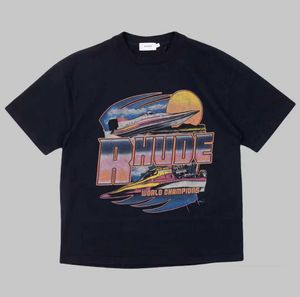 Tasarımcı Moda Giyim Tees Tişörtleri Rhude Sunset Champion Yacht Kısa Kollu Amerikan High Street Kalabalık Tasarım Erkek Kadın Gevşek Tişört Streetwear Tops