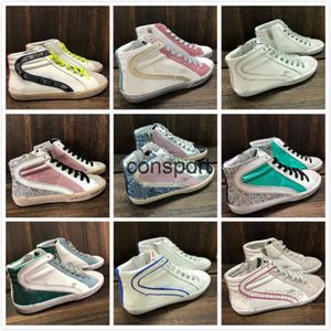 Tasarımcılar Kalite 10A İtalya marka slayt yüksek üst ayakkabı moda kuyu kadın spor ayakkabı eğitmenleri pullu klasik beyaz yapmak eski kirli erkekler ayakkabı