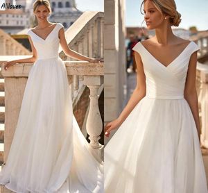 V Neck Simple Boho Wedding Dresses A Line Tulle Skirt Cap Sleeves Modern White Bridal Gowns Pleated Sweep Train Beach Garden Reception Robes de Mariee For Bride CL2956