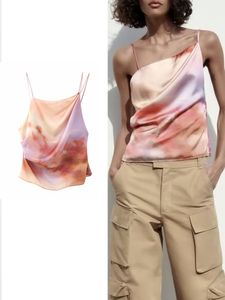 Camisoles Tanks Traf Women Fashion Tie-Dyed Camisole Tops Vintage Sexy Folds Back Less Less Shirts女性サイドジッパーCamis Mujer 230421