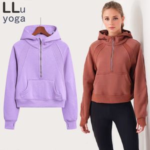 LL Autumn/Winter New SCA Women's Yoga Sports Casual Plush Half Zip Coat Plush Hooded Top Pullover Sweater Warmth Windproof Running Loose Short Top with Embroidery Logo