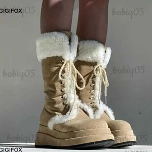 Stivali GIGIFOX Stivali da neve con plateau per donna Pelliccia Goth Moda Comodi stivali a metà polpaccio Zeppa Casual Scarpe invernali calde Lace Up Y2k T231121