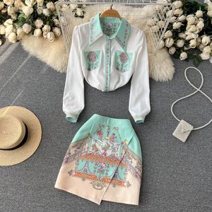 Two Piece Dress Summer Sweet Two Piece Set Women Turn Down Neck Long Sleeve Floral Print Chiffon Shirt TopIrregular Vintage Mini Skirt Suit 230421