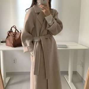 Women's Wool Blends Temperament Ladies Tweed Coat Korean Version of The Tie Long Jacket Women Cape Suit Collar Winter Solid Color Female 231120