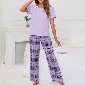 Women's Two Piece Pants Women 2 Outfits Loose Long Sleeve Pajamas Plaid Pant Soft Matching Set Nightwear & Elastic Waist Homewear