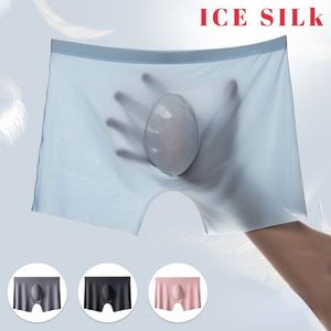 Underbyxor Summer Mens Ice Silk Boxer Fashion Shorts Ultra Thin Dreatble Snabbtorkning Underkläder Solid färg Stor storlek 230420