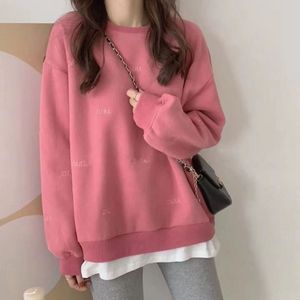 Pink Slim Fit Fake Two Piece Fleece American Vintage Sweater Women's Trendy Mid length Bottom Covering Coat