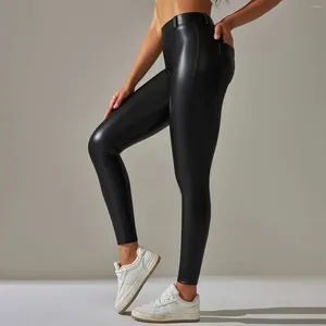 Calças femininas bolso pu couro barriga cintura alta yoga plástico quadril elevador capô leggings