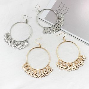 Brincos pendurados grande redondo oco ouro/prata cor gota incrustação zircão liga de metal disco borlas moda eardrop joias femininas