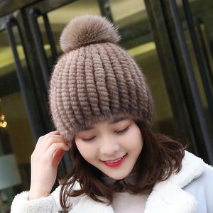 BeanieSkull Cap Fur Hat Winter Mink Knitted With Ball Warm 231120