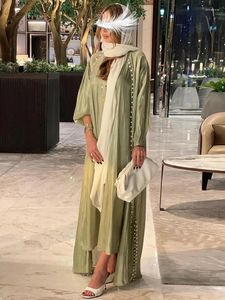 Ethnic Clothing Shiny 2 Piece Abaya Set Beading Front Puff Sleeves Kimono Cardigan Sleeveless Dress Dubai Turk Islamic Muslim Women