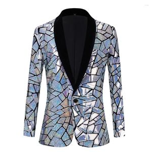 Men's Suits Silver Laser Mirror Blazer Coat Groom Wedding Suit Jackets Shawl Collar Single Button Nightclub Stage Show Sequins Tuxedo