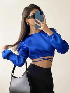 Blusas femininas 2023 outono sexy azul moda mulher blusa rendas até sem costas colheita topo manga longa envoltório elegante cetim o-pescoço camisa feminina