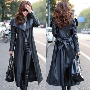 Casacos de trincheira femininos casaco de couro preto genuíno pele de cordeiro inverno longo casaco