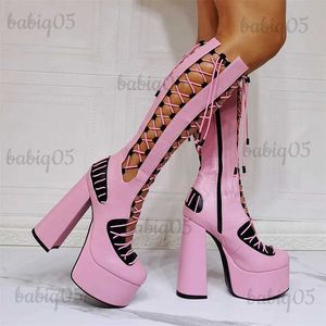 Stiefel RIBETRINI Rosa Punk-Stil Runde Spitze Plaform High Heels Ausschnitt Sommer Kniehohe Stiefel Reißverschluss Marke Designer Mode Schuhe Stiefel T231121