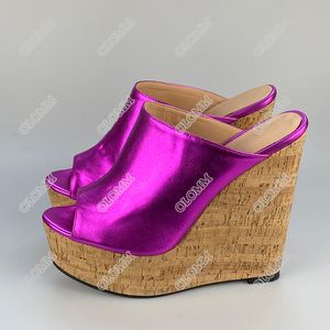 Olomm Frauen Plattform Glänzende Pantoletten Sandalen Keile High Heels Offene spitze Blau Silber Fuchsia Club Schuhe Frauen UNS Plus Größe 5-20