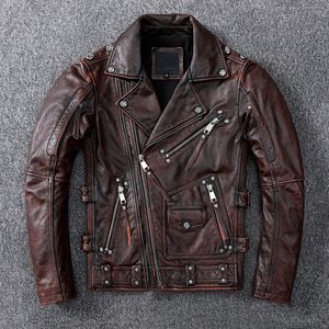 Mens Leather Faux Vintage Brown Motorcycle Jacket Men Natural Genuine Cowhide Jackets Autumn Slim Fit Bikers Ooblique Zipper Coat 231120