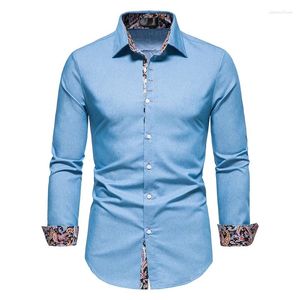 Camisas casuais masculinas vestido camisa botão-up manga longa denim cor beisebol gola alta original