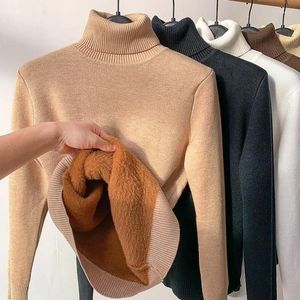 Suéter feminino de malha com gola alta, outono/inverno, pelúcia, camada interna espessa, cor sólida, manga comprida, camisa de base para mulheres