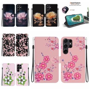 S24 Ultra Plus Cases Flower Pu Leather Wallet för Samsung A35 A55 A05 A05S A15 A14 M34 Moto Edge 40 Neo G84 G54 G14 Butterfly Sakura Lily Card Slot Holder Flip Cover Pouch