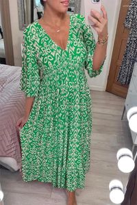 Vestidos casuais boêmio impressão com decote em v cintura elástica envoltório vestido longo verão vintage mosaico maxi solto babado manga chiffon