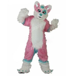 Halloween rosa langes Fell Husky Maskottchen Kostüm Cartoon Anime Thema Charakter Unisex Erwachsene Größe Weihnachtsfeier Außenwerbung Outfit Anzug