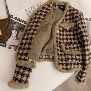 Womens Jackets Vintage Quilted Coats Khaki Thick Lamb Wool Jacket Small Fragrance Thousand Bird Plaid Coat Chaquetas Mujer Woolen Tops 231120