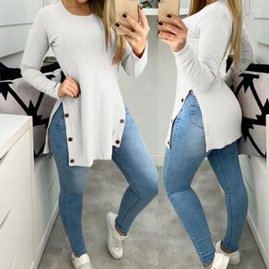 Kvinnors T-skjortor Fashion Women's Solid Tops Round Neck Slit-knappar på sidorna Casual Loose Long Sleeve Woman T-Shirts Pullover Plus Size Size