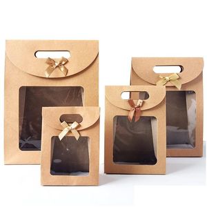 Подарочная упаковка Kraft Paper Candy Bags Clear Pvc Window Package Детский подарки подарки по случаю дня рождения