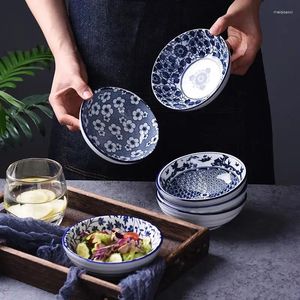 ボウル2pcs浅いボウル中国語セラミックラーメンサラダセット家庭用ライスヌードルブルーと白い磁器の食器