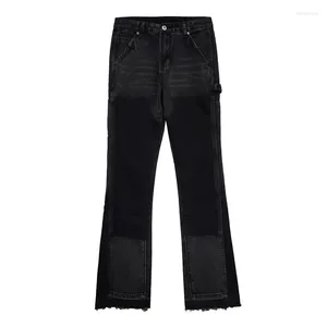 Jeans masculinos LILUO personalizado de alta qualidade preto cinza laser calças flare empilhado estilo punk patchwork denim