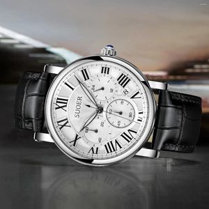 Armbandsur 2023 Suoer Top Luxury Men's Quartz Watch Sports vattentät lysande läder dateringsvecka Renoj