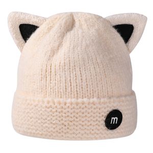 ビーニーニットキャットイヤービーニー女性のためのかぎ針編みの帽子ダブルレイヤーかわいいウールニット猫の子猫耳