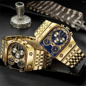Relógios de pulso de luxo tira de aço escavada relógio de ouro multi fuso horário grande mostrador caixa de embalagem luminosa para homens