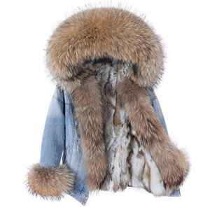 Womens Fur Faux Maomaokong Denim Jacka Parka Winter Women Parkas Real Collar Coat Natural Raccoon Hood Rabbit Luxury 231121