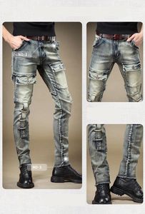 Męskie dżinsowe spodnie mody Wysokiej jakości kieszenie rozciąganie y2k vintage niebieskie moto dżinsowe spodnie jesienne odzież uliczna