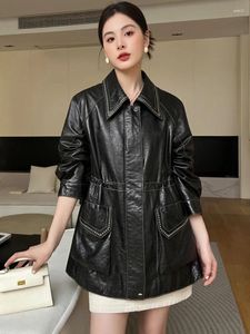 Women's Leather Mid-length Genuine Windbreaker Jacket For Women Autumn 2023 Simple Slim Zipper Lace-up Real Sheepskin Coat