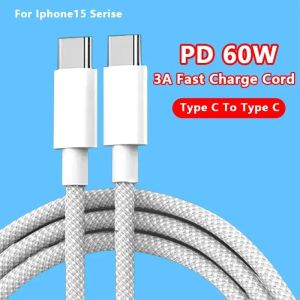 60W 3A USB Type C para C Cabo de dados PD para iPhone 15 Xiaomi Poco Cabo USBC de carregamento rápido Type C Cabo de carga de dados Fio 20V