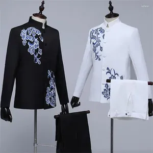 Men's Suits Embroidered Tunic Suit Blazers Auspicious Clouds Chinese Stand Collar Slim Middle-aged Elderly Chorus Dress Performance