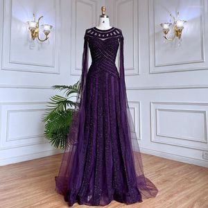 Party Dresses Serene Hill Arabic Purple Elegant Mermaid Cape Sleeses Lace Pärlade kvällsklänningar 2023 för kvinnor bröllop LA71926