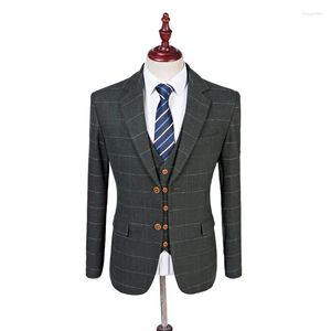 Erkekler 2023 Yün Yeşil Tweed Özel Yapımı Damat Smokin Notch yaka Erkekler Blazer Retro Düğün Takımları (Ceket Pantolon Yelek)