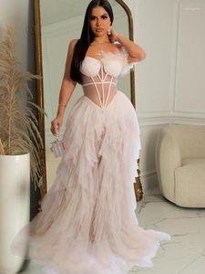 Swobodne sukienki Piękne marszczenia Chffion Party Feather Maxi Sukienka Elegancka Sheer Mesh Corset Długie suknie urodzinowe stroje