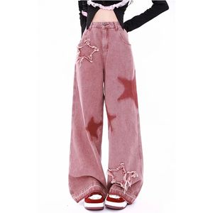 Damen-Jeans, rosafarbene Jeans für Damen, mit Buchstaben bedruckt, hohe Taille, amerikanische Straße, weites Bein, Hip-Hop-Mode, Retro, gerade, Y2K-Winterhose 231121