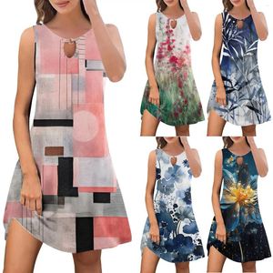 Vestidos casuais verão para mulheres moda na moda boho floral impressão cobrir tripulação pescoço sem mangas vestidos de verão