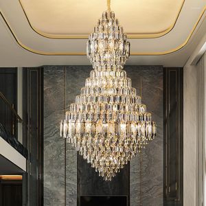 Lampade a sospensione Casa Duplex Edificio Soggiorno Lampadario Villa Jump Floor Hollow Luxury Middle Yellow Crystal