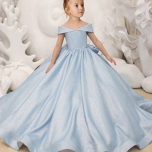 2024 Blue Flower Girl Dress Elegant Princess Satin Ball Gown For Kids Birthday Party Dress Simple Bow First Communion Dress