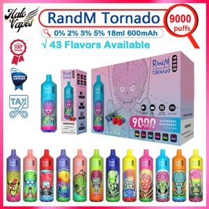 Original Randm Tornado 9000 Puff E-cigaretter 18 ml Förfylld POD Puffs 9K engångsvapspenna 0/2/3/5% uppladdningsbar 600mAh Uppladdningsbart batteri 43 smaker i lager