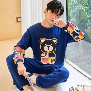 Indumenti da notte da uomo Trendy Bear Cartoon Inverno Uomo Pigiama Set Blu lavorato a maglia in cotone a maniche lunghe Top da notte Stile Harajuku Griglia Manga 3XL Homewear