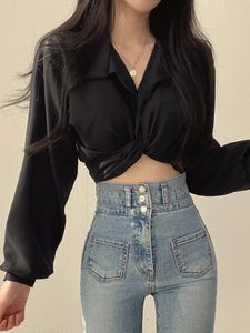 Blusas femininas vintage streetwear harajuku sexy blusa feminina topo de colheita estilo coreano tendências preto branco manga longa camisa feminina túnica chique
